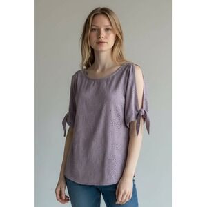 W5 Women's Purple Eyelet Cold Shoulder Cutout Sleeve Tie Top Size L